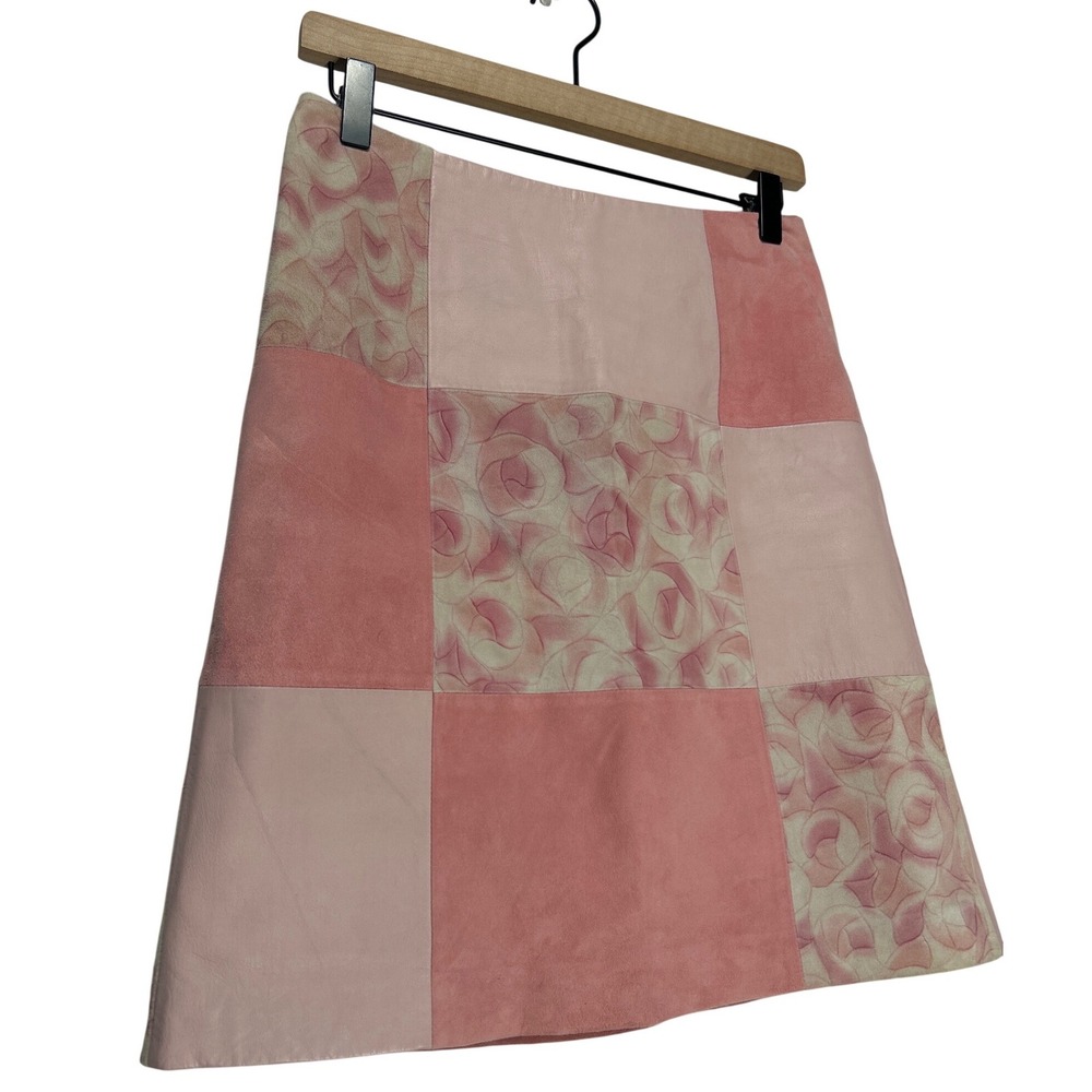 Vakko New York Pink Patchwork Leather Suede Floral Rose Mini Skirt Size 4